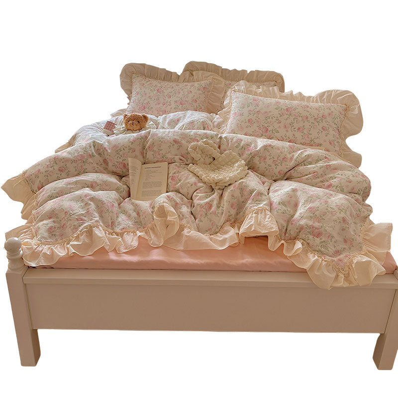 French Floral Cotton Bedding Set with Lace Trim - Four-Piece Double-Layer